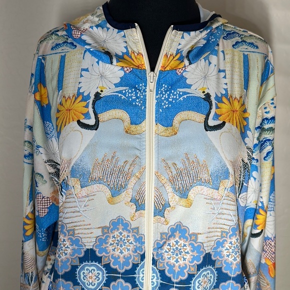 Daily Practice by Anthropologie Postcard Hooded Bomber Jacket Crane Print Sz L - Picture 6 of 16